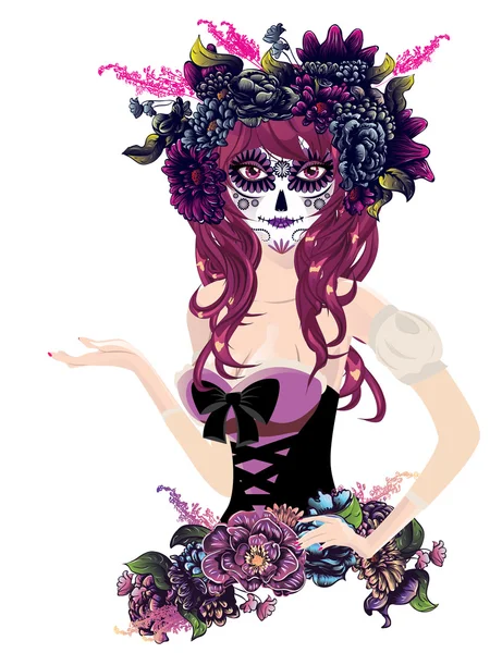 Cráneo de azúcar chica en corona de flores — Vector de stock