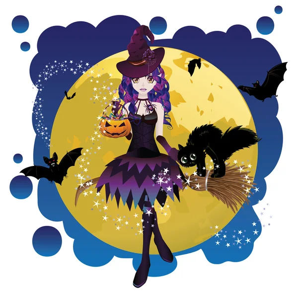 Witch and Full Moon — Stock Vector