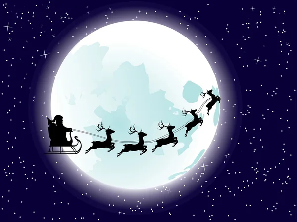 Santa voladora y luna llena — Vector de stock