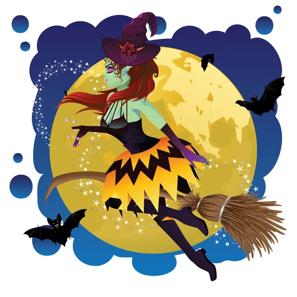 Witch and Full Moon — Stock Vector