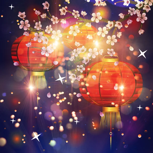 Paper Lantern with Sakura Branch — Stock Photo, Image