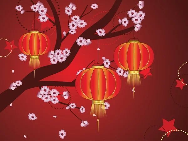 Linterna China con Sucursal Sakura — Vector de stock