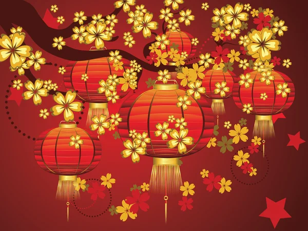 Lanterna chinesa com ramificação Sakura — Vetor de Stock