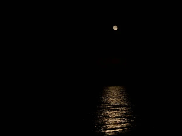 Paisaje Marino Nocturno Con Luna Llena Causando Reflejos Superficie Del —  Fotos de Stock