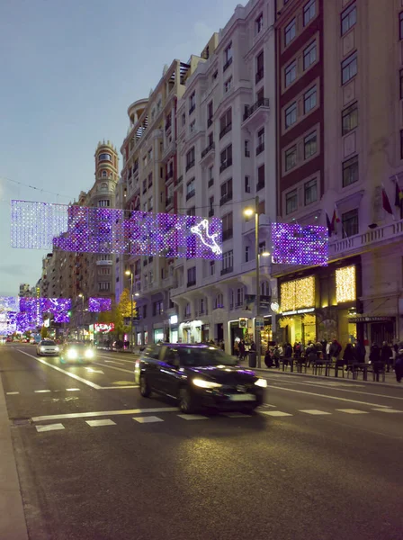 Madrid Španělsko Prosince2020 Vánoční Osvětlení Madridské Gran Večer — Stock fotografie