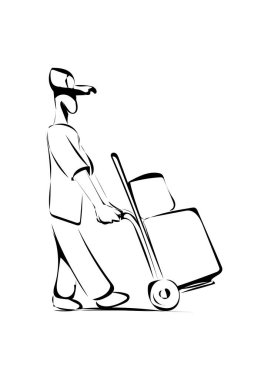 Şapkalı, bavullu genç bir adamın silueti. El çizimi çizimi vektör illüstrasyonu