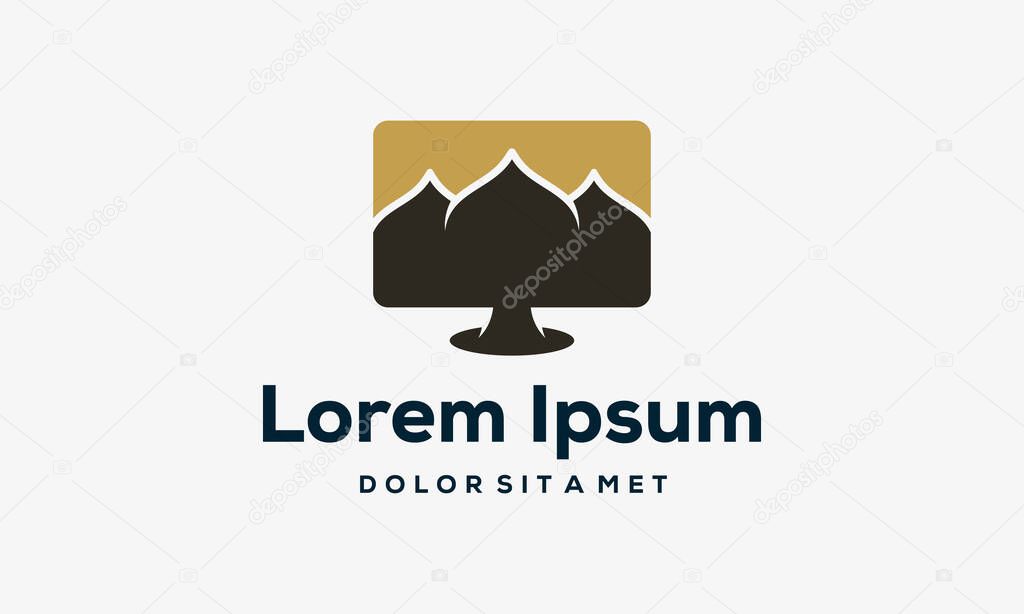 Religious Computer logo template, Islamic Online Learning logo designs vector