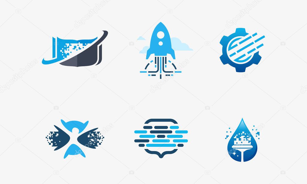 Set of Technology logo, Pixel Book logo,, Fast Tech, Pixel Gear, Robotic Education, Pixel Point logo, Cleaning Pixel logo template designs vector