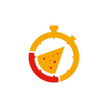 Pizza Time logosu konsept vektörü, Pizza ve Stopwatch logo sembolü simgesi dizayn etti