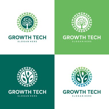 Nature Tech logo şablonu, Green Technology logo konsepti, Growth Technology, Tech ağaç logosu sembolü.