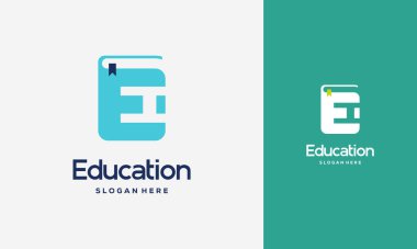 Düz E Kitap Logosu Tasarımı Vektör İllüstrasyonu, Eğitim Kitabı logo şablonu