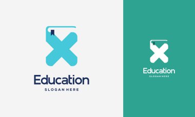 Düz X Kitap Logosu Tasarımı Vektör İllüstrasyonu, Eğitim Kitabı logo şablonu