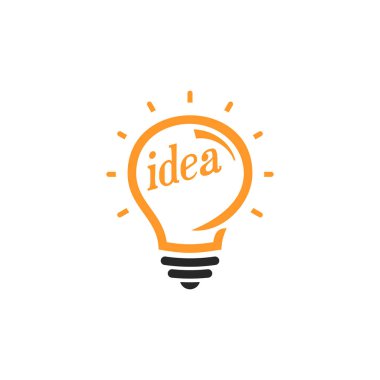 Yeni fikir sembolü, düz parlak çizgi film ampulü. Fikir simgesi, daire logosu, vektör ampullerinin şekillendirilmiş işareti, beyaz ve turuncu renk logosu