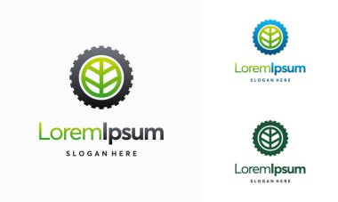 Modern doğa teknolojisi logosu, yaprak ve dişli makine vektörü, tarım logosu şablon ikonu, Yeşil Eko Teknoloji Logo Şablonu Tasarım Vektörü, Doğa Endüstrisi