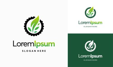 Modern doğa teknolojisi logosu, yaprak ve dişli makine vektörü, tarım logosu şablon ikonu, Yeşil Eko Teknoloji Logo Şablonu Tasarım Vektörü, Doğa Endüstrisi