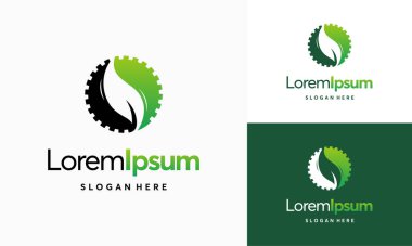 Modern doğa teknolojisi logosu, yaprak ve dişli makine vektörü, tarım logosu şablon ikonu, Yeşil Eko Teknoloji Logo Şablonu Tasarım Vektörü, Doğa Endüstrisi