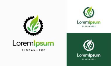 Modern doğa teknolojisi logosu, yaprak ve dişli makine vektörü, tarım logosu şablon ikonu, Yeşil Eko Teknoloji Logo Şablonu Tasarım Vektörü, Doğa Endüstrisi