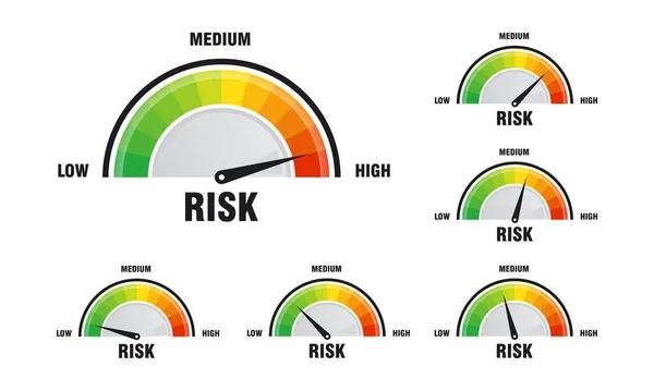 Magas Kockázatú Fogalom Beállítása Sebességmérő Vektor Illusztrációján Sebességmérő Ikon Színes — Stock Vector