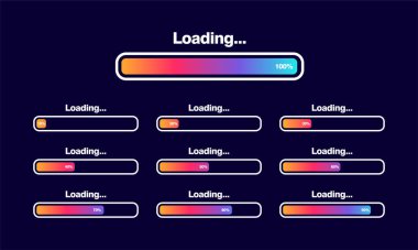 Çubuk vektör illüstrasyonu yükleniyor. İlerleme görselleştirme. Durum koleksiyonu yükleniyor. Web tasarım ögeleri, Infographic vektör şablonu yükleniyor