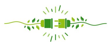 Yeşil enerji elektriği, elektrik prizi simgesi ve kablo ve yaprak vektörü illüstrasyonu