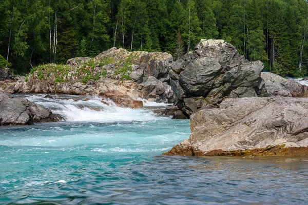 Vista Fluxo Água Turbulento Rio Montanha Entre Floresta Verde Vida — Fotografia de Stock