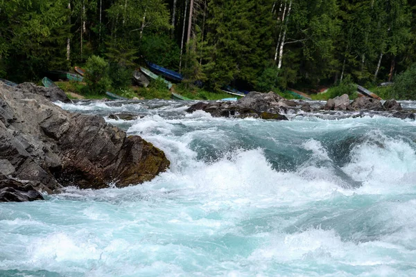 Utsikt Över Det Turbulenta Vattenflödet Fjällen Bland Den Gröna Skogen Royaltyfria Stockbilder