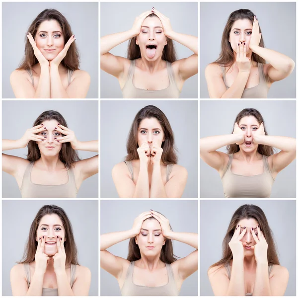 Hermosa joven caucásica haciendo pose de yoga facial — Foto de Stock