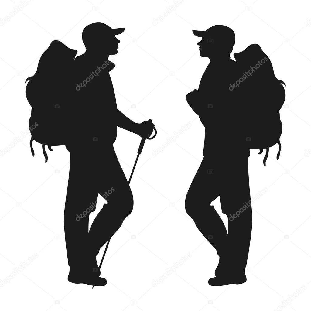 Silhouette of a man with a backpack who goes camping. A traveler in a cap and backpack goes hiking. Traveler on a white background.