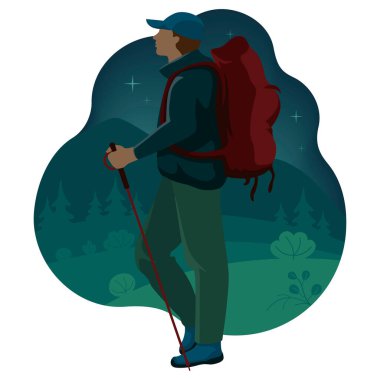 Turist gece dağlarda seyahat eder. Beyaz arkaplanda vektör illüstrasyonu.