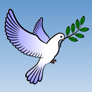 Barışın güvercin sembolü. Zeytin dalı ile uçan güvercin. Vektör çizimi. Barış güvercini. Gökyüzüne karşı beyaz güvercinler.