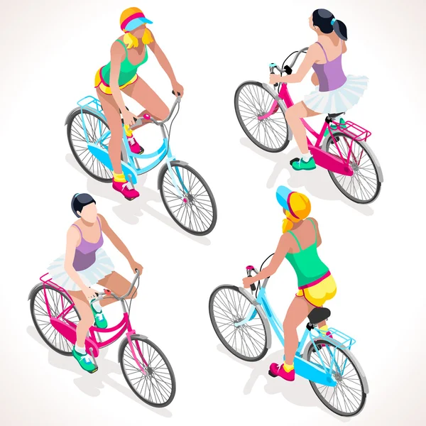 Chica adolescente ciclismo personas isométricas — Vector de stock