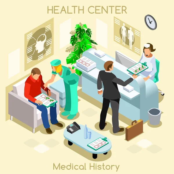 Клініка пацієнта медичної історії чекає перед медичним візитом. Пацієнти госпітальної клініки чекають на медичну консультацію . — стоковий вектор