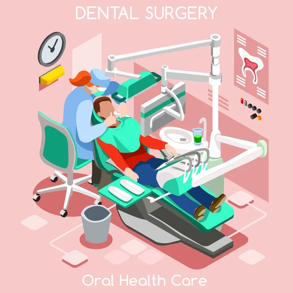 Dentiste et patient du centre de chirurgie buccale d'hygiène et de blanchiment des dents d'implant dentaire . — Image vectorielle