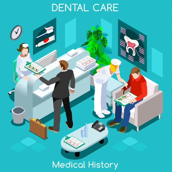 Dentista paciente historia clínica sala de espera antes de la visita médica . — Vector de stock