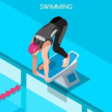 Swimming Freestyle Summer Games Icon Set.3D Isometric Swimmer.Breaststroke Backstroke Butterfly Relay Sporting Competition Race.Sport Infographic Swimming Vector Illustration