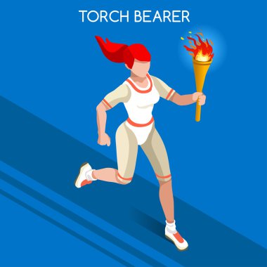 Olimpiyat Rio Brasil 2016 Torchbearer Röle Çalışan Bayanlar Yaz Oyunları Simge Seti.Hız Kavramı.3d İzometrik Atlet.Spor Yarışması.Spor Infographic Torchbearer Vektör İllüstrasyon.