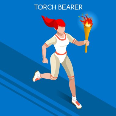 Olympic Rio Brasil 2016  Torchbearer Relay Running Women Summer Games Icon Set.Speed Concept.3D Isometric Athlete.Sporting Competition.Sport Infographic Torchbearer Vector Illustration. clipart