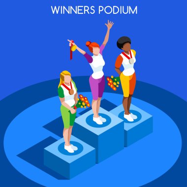 Olimpiyat Rio Brasil 2016 Kazanan Podyum Yaz Oyunları Simge Set.Speed Concept.3d İzometrik Atlet.Sporting Competition.Sport Infographic Winner Podyum Vektör İllüstrasyon.