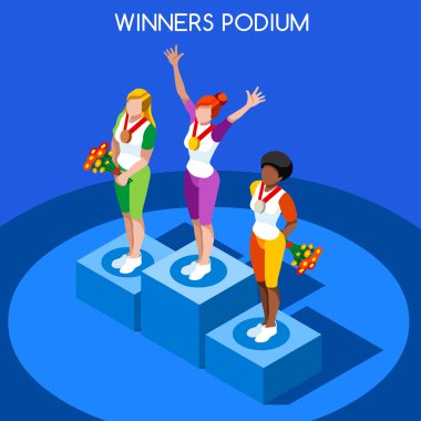 Olimpiyat Rio Brasil 2016 Kazanan Podyum Yaz Oyunları Simge Set.Speed Concept.3d İzometrik Atlet.Sporting Competition.Sport Infographic Winner Podyum Vektör İllüstrasyon.