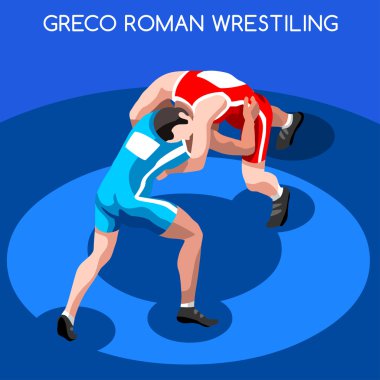 Greko Roma Güreş Yaz Oyunları Simge Set.3d İzometrik Dövüş Sporcuları.Sporting Şampiyonası Uluslararası Güreş Yarışması.Spor Infographic Güreş Vektör İllüstrasyon