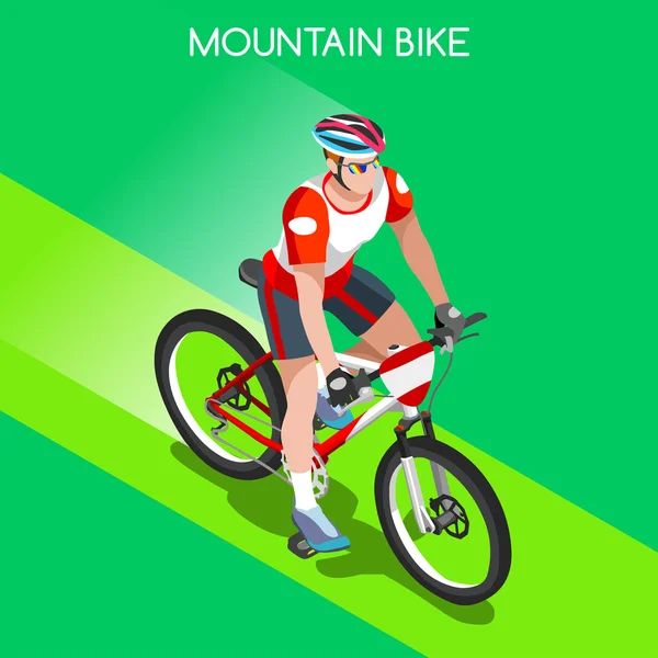 Mountain Bike kerékpáros kerékpárosok biciklis sportoló nyári játékok Icon Set. mountain bike kerékpározás koncepció. 3D izometrikus Sporting kerékpár verseny Race. sport kerékpározás infographic vektor illusztráció. — Stock Vector