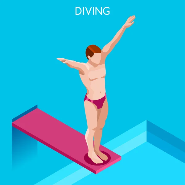 Buceo Juegos de Verano Icon Set.3D Isométrico Diver.Diving Competencia Deportiva Carrera.Deporte Infografía Buceo Vector Ilustración — Vector de stock