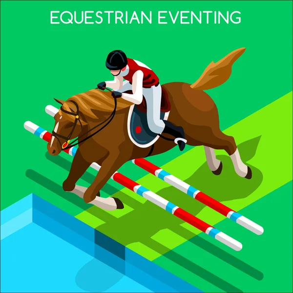 Evento Ecuestre Juegos de Verano Icon Set.3D Isométrico Jockey y Salto de Caballo Competencia Deportiva. — Archivo Imágenes Vectoriales