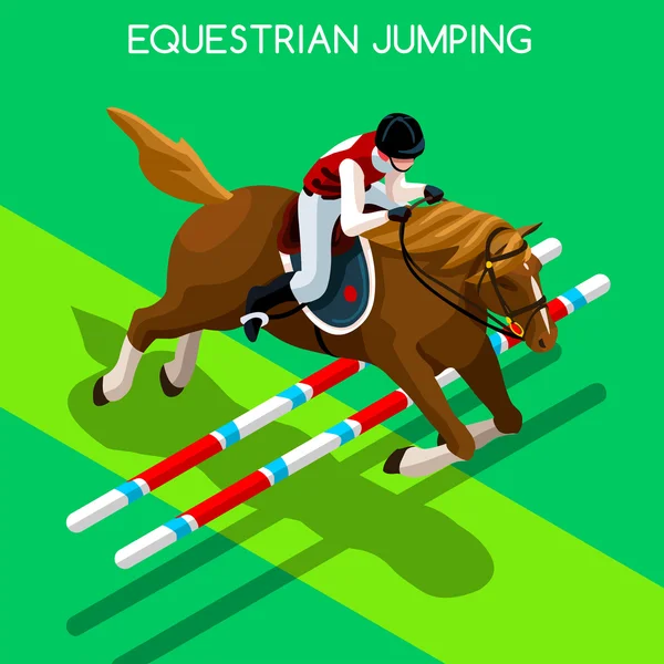 Salto ecuestre Juegos de Verano Icon Set.3D Isométrico Jockey y Salto de Caballo Competencia Deportiva Infografía Deportiva Salto Ecuestre Vector Illustration — Archivo Imágenes Vectoriales