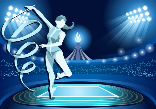 Stadion háttér nyári játékok ritmikus torna nő sportoló a Ribbon berendezések Gymnast a mező háttér Nocturnal megtekintése Vector illusztráció — Stock Vector