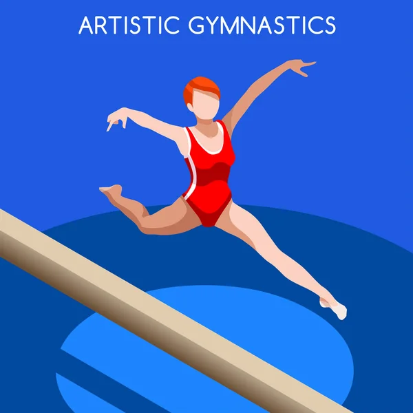 Sportovní gymnastika letní zápas sada ikon. 3D izometrická tělocvična. sportovní mistrovství mezinárodní konkurence. sportovní Infografické cvičení-vektorová ilustrace. — Stockový vektor