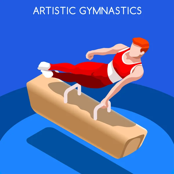 Gimnastyka artystyczna Pommel Horse Summer gry Icon zestaw. 3D izometryczny gimnastyk. Sporting Mistrzostwa międzynarodowy konkurs. Sport Infografika Artystyczny gimnastyka Vector ilustracja — Wektor stockowy