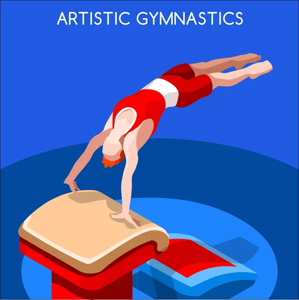 Umělecké gymnastika letní olympijské hry sada ikon. 3D izometrická tělocvična. sportovní mistrovství mezinárodní konkurence. sport infografika umělecké gymnastika ilustrace — Stockový vektor