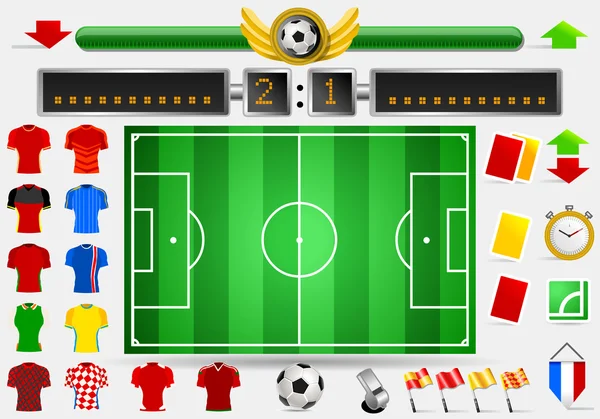 Campos de Fútbol y Ropa de Fútbol Jerseys Score Board Point Tarjeta Amarilla Tarjeta Roja Silbato Objetos Campeonato Internacional Símbolos y Equipos Vector Ilustración — Archivo Imágenes Vectoriales