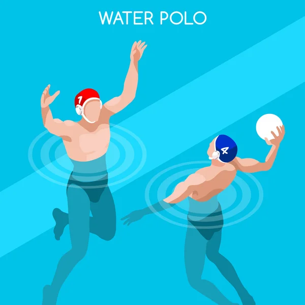 Natación Jugadores de polo acuático Juegos de Verano Icono Set. Juego de nadador isométrico 3D. Carrera de competición deportiva de polo acuático. — Vector de stock